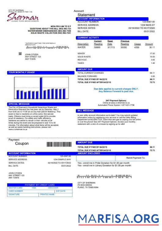 Printable USA City of Sherman utility bill template in Word and PDF format